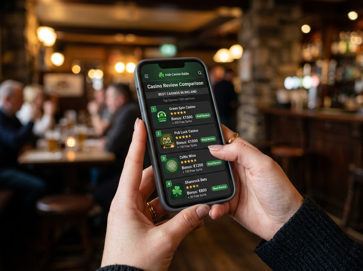 Irish player comparing online casino options on a smartphone